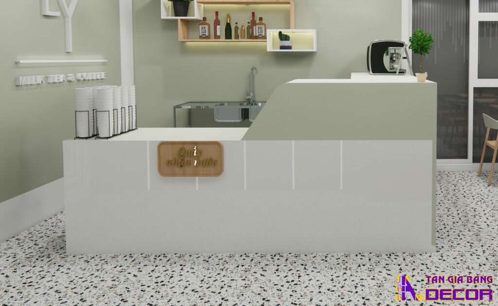 Tổng hợp 50 mẫu thiết kế quầy trà sữa đẹp! 4 Quầy chữ L nhỏ màu xanh pastel gia công bằng ván công nghiệp.