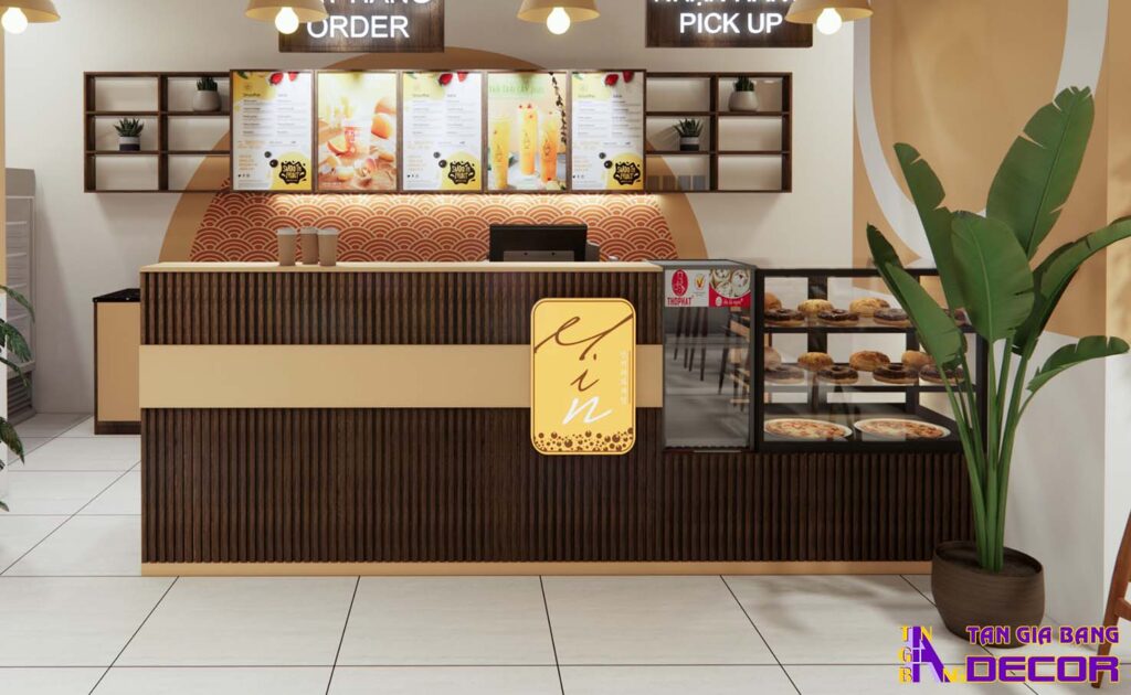 Tổng hợp 50 mẫu thiết kế quầy trà sữa đẹp! 49 Quầy trà sữa ốp lam nhựa với tủ kính trưng bày.
