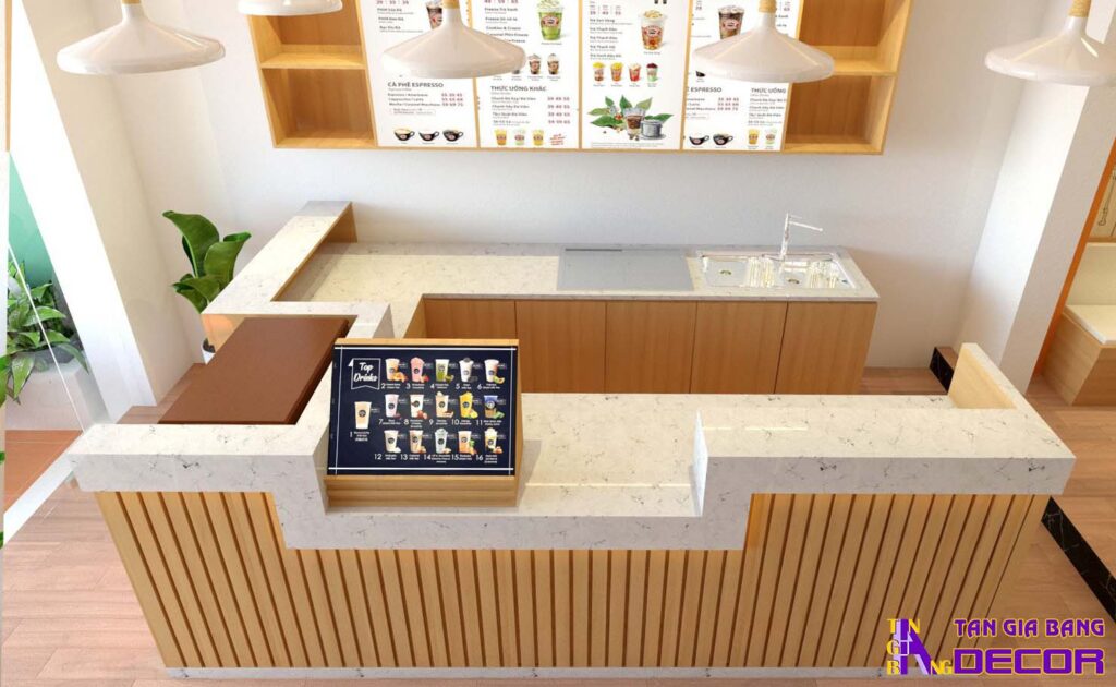 Tổng hợp 50 mẫu thiết kế quầy trà sữa đẹp! 53 Mẫu thiết kế quầy pha chế trà sữa chữ U với nhiều chức năng khác nhau.