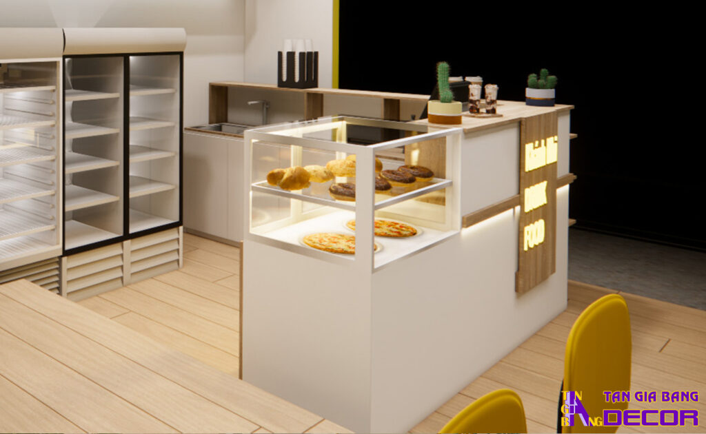 Tổng hợp 50 mẫu thiết kế quầy trà sữa đẹp! 18 Quầy trà sữa giá rẻ chữ L kết hợp tủ kính trưng bày.