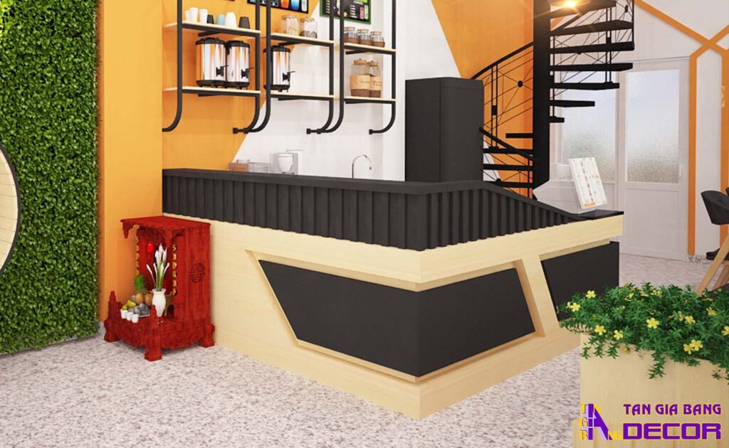 Tổng hợp 50 mẫu thiết kế quầy trà sữa đẹp! 25 Quầy trà sữa chữ L với mặt trước cách điệu theo hình khối.