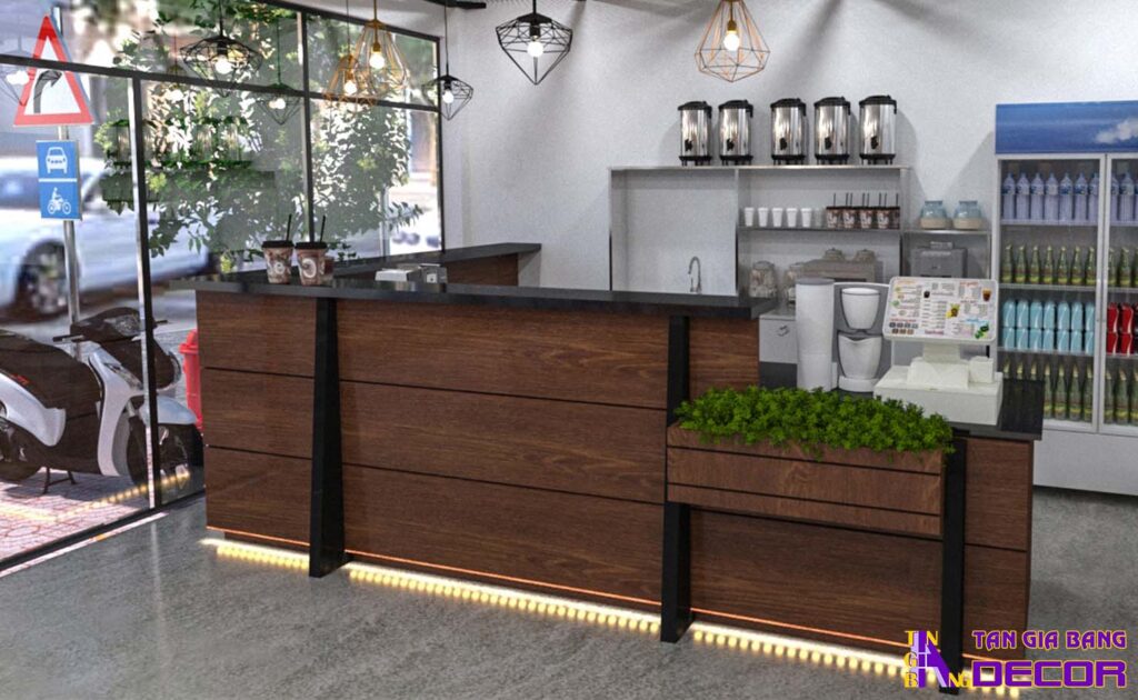 Tổng hợp 50 mẫu thiết kế quầy trà sữa đẹp! 26 Quầy trà sữa chữ L gia công bằng gỗ.