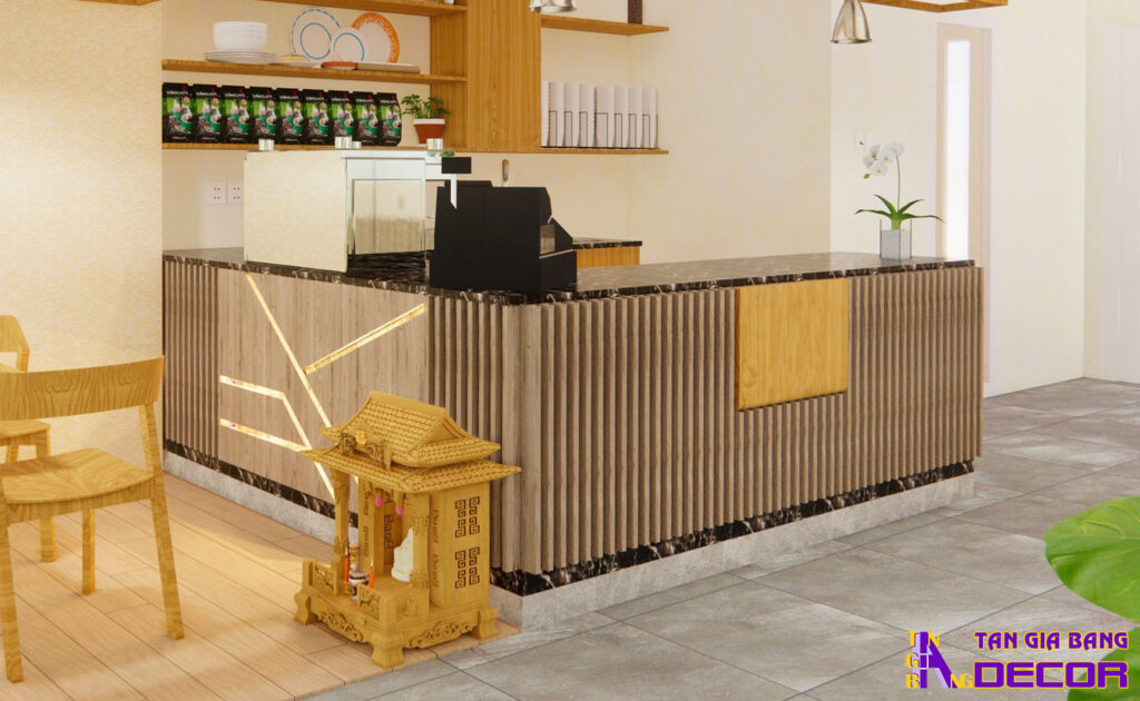 Tổng hợp 50 mẫu thiết kế quầy trà sữa đẹp! 3 Quầy trà sữa chữ L ốp lam nhựa màu cafe nhạt với bảng logo.