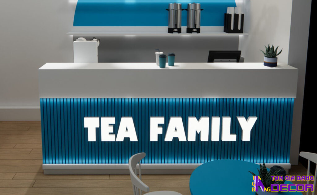 Tổng hợp 50 mẫu thiết kế quầy trà sữa đẹp! 52 Quầy pha chế trà sữa giá rẻ với mặt trước ốp lam nhựa xanh.