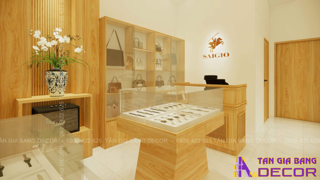 Thiết kế shop đồ da SAIGIO tại Quận 3 3 Kệ tủ shop đồ da SAIGIO