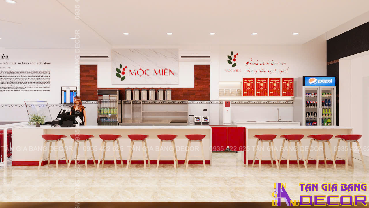 Thiết kế quán trà sữa với tông đỏ bắt mắt tại Bình Dương 7 Thiết kế quầy quán trà sữa Mộc Miên tại Bình Dương