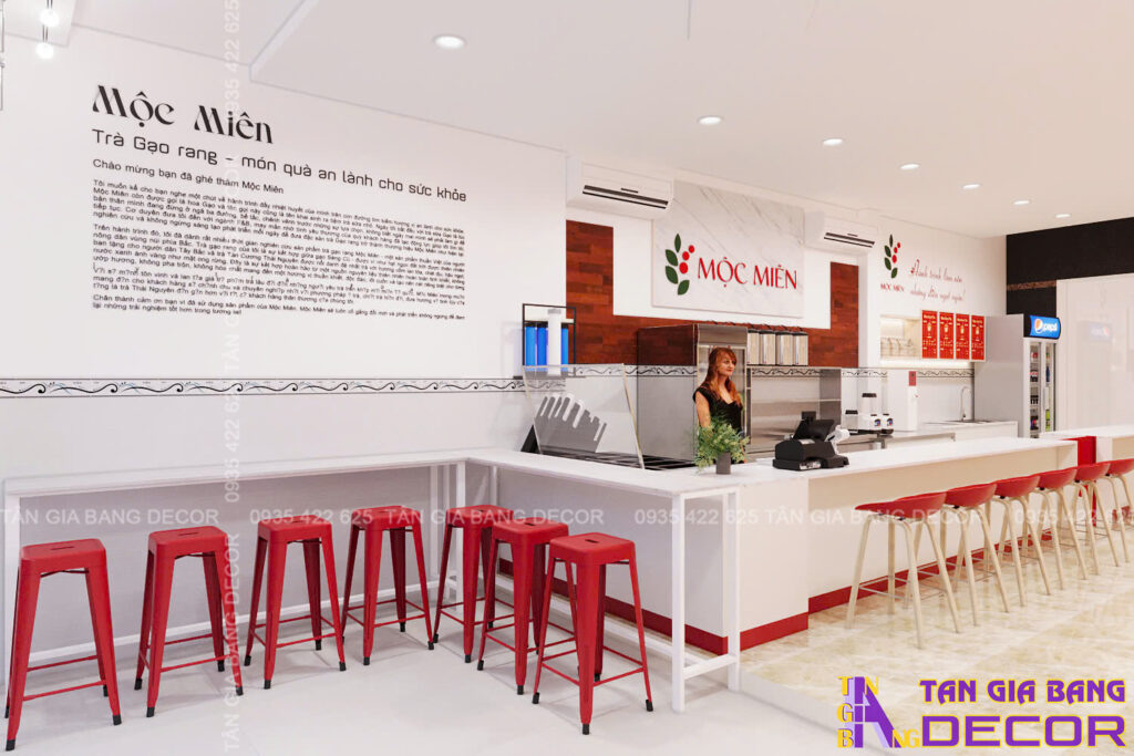 Thiết kế quán trà sữa với tông đỏ bắt mắt tại Bình Dương 3 Trang trí tường quán trà sữa Mộc Miên