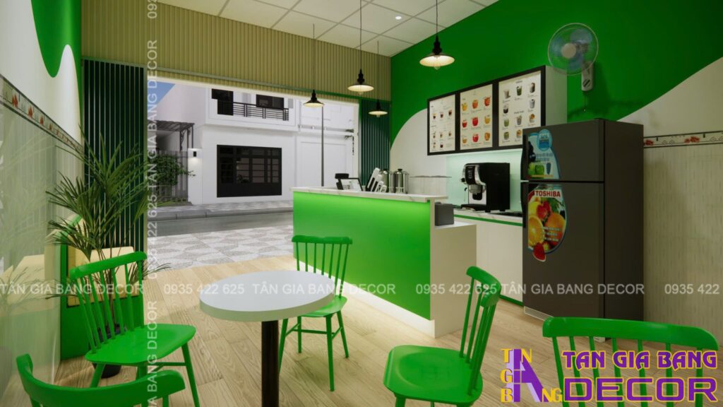 Thiết kế quán trà sữa Green tại Đồng Nai 3 Khu vực ngồi cho khách tại quán trà sữa Green