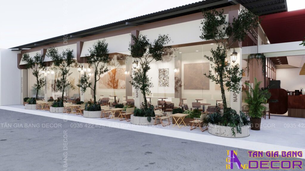 Khu vực ngồi ngoài trời quán cafe Napoly