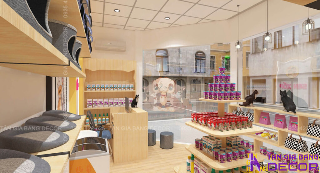 Thiết kế shop thú cưng Sen Xốp 20m2 tại Bình Thạnh 3 Bố trí kệ tủ quầy shop thú cưng Sen Xốp