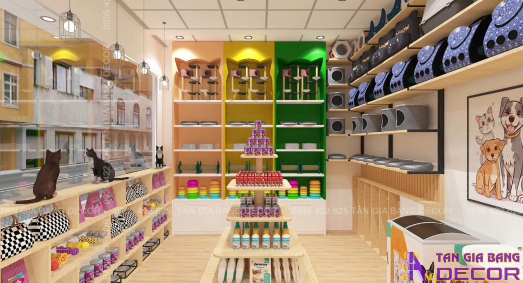 Thiết kế shop thú cưng Sen Xốp 20m2 tại Bình Thạnh 2 Kệ trưng bày sản phẩm shop thú cưng Sen Xốp