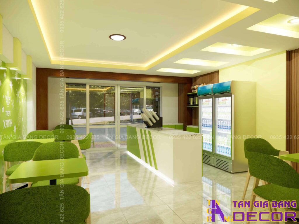 Thiết kế không gian quán trà sữa Tiệm Xanh tại Gò vấp 1 Ánh sáng không gian quán trà sữa 30m2 ở Gò Vấp