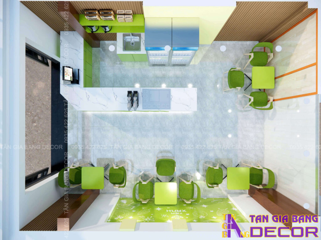 Thiết kế không gian quán trà sữa Tiệm Xanh tại Gò vấp 4 Bố trí không gian quán trà sữa 30m2 ở Gò Vấp