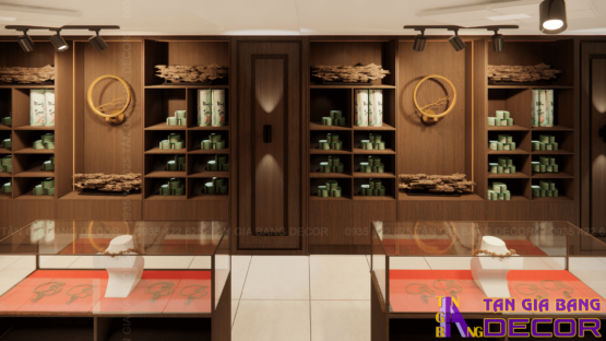 Bố trí kệ tủ shop trầm hương Sao Việt ở Tân Bình