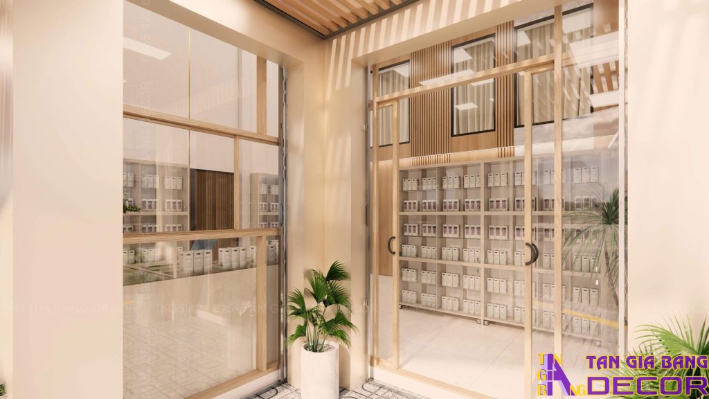 Bố trí cửa kính cường lực nhà thuốc Tuấn Phương