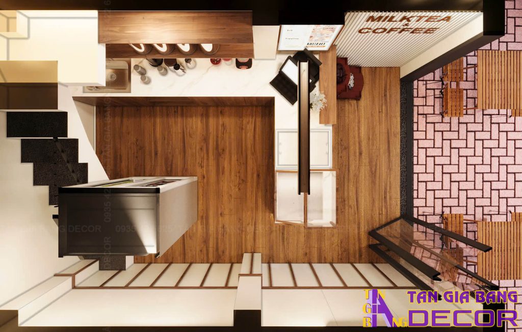 Bố trí không gian quán trà sữa Thèm 15m2