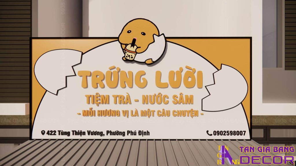Bảng hiệu quán trà sữa Trứng Lười tại Quận 8