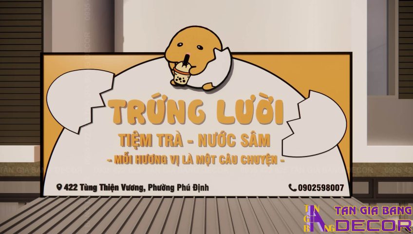 Bảng hiệu quán trà sữa Trứng Lười tại Quận 8