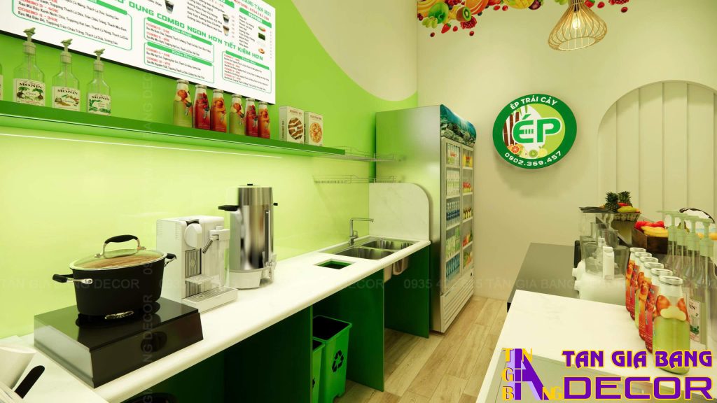 Thiết kế quầy pha chế tiệm nước trái cây sinh tố ÉP