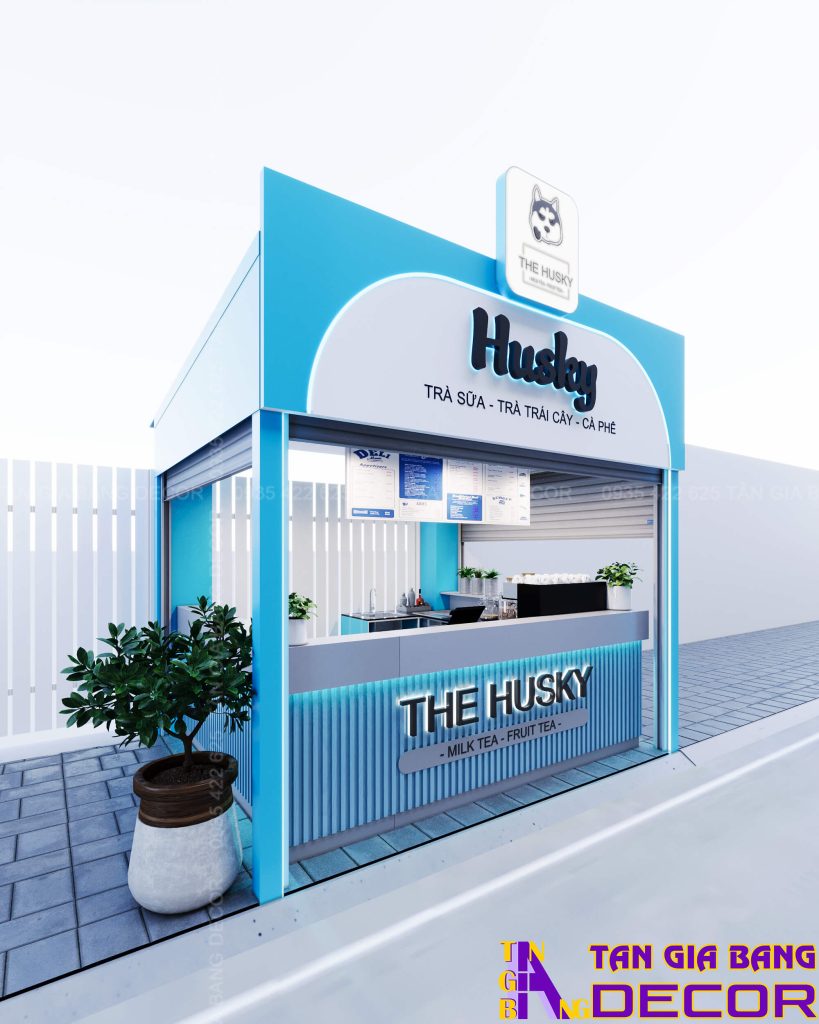 Thiết kế bảng hiệu quầy kiosk trà sữa The Husky