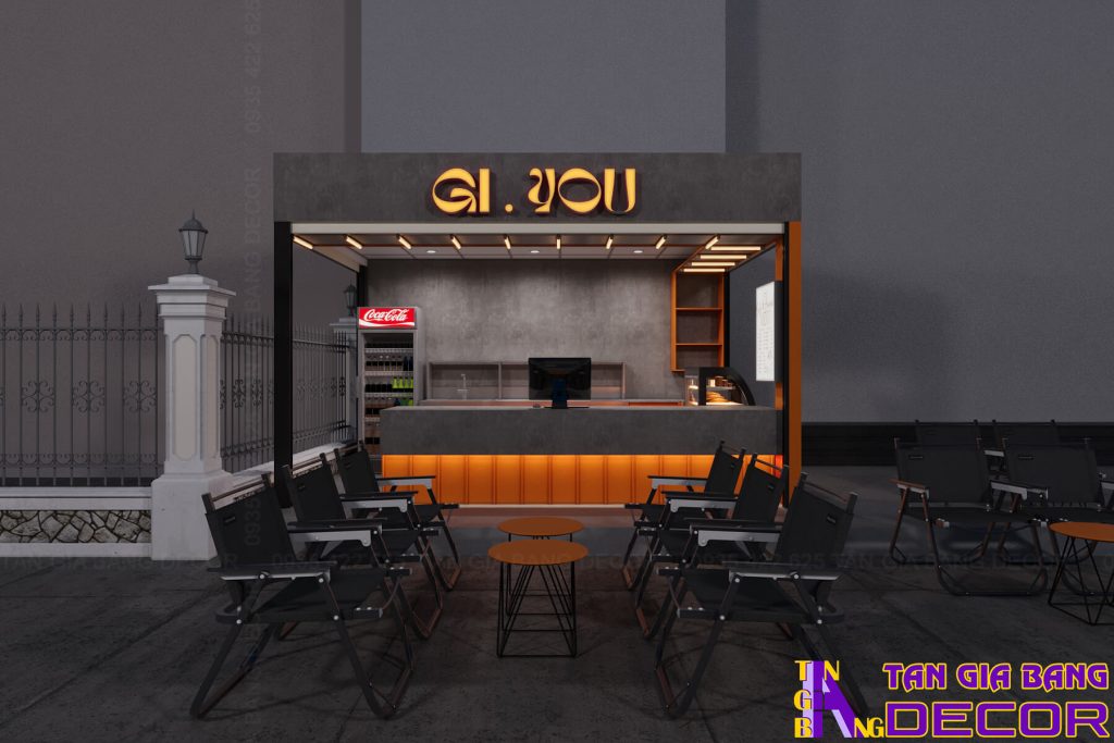 Thiết kế quầy kiosk trà sữa và bánh tone xám sang trọng