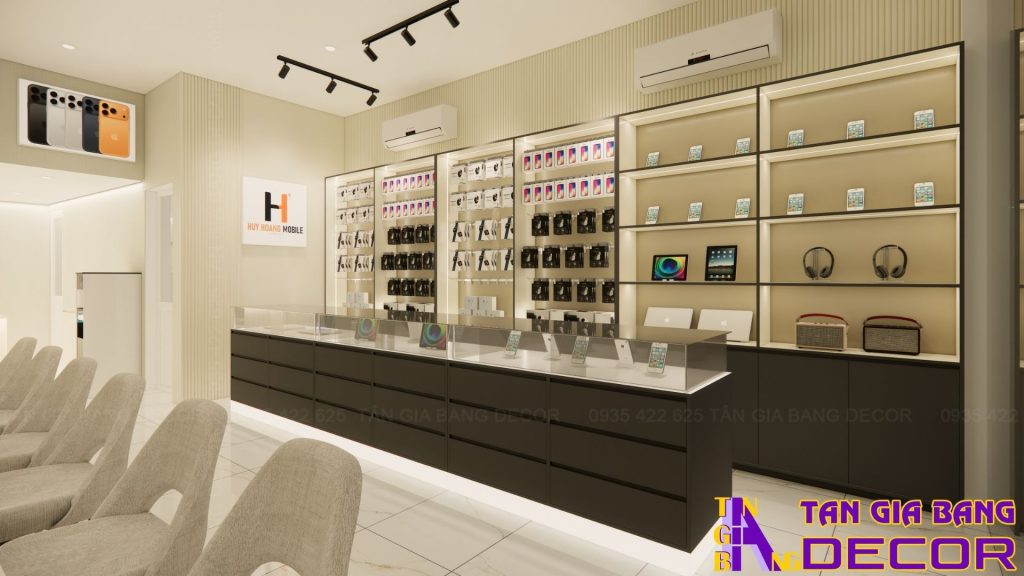 Thiết kế nội thất shop điện thoại Huy Hoàng tại Bình Thạnh 1 Tủ trưng bày cửa hàng điện thoại Huy Hoàng ở Bình Thạnh