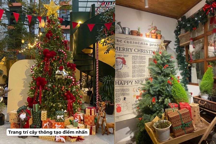 Ý tưởng trang trí Noel cho quán Cafe đẹp, hút khách năm 2026 2 Trang trí quán cafe bằng cây thông giáng sinh