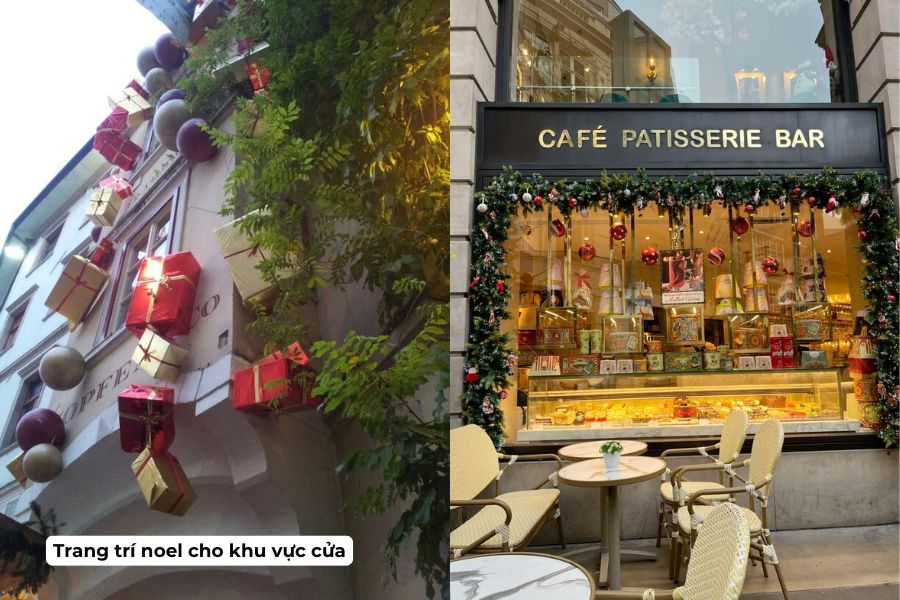 Ý tưởng trang trí Noel cho quán Cafe đẹp, hút khách năm 2026 5 Ý tưởng treo hộp quà và quả châu kết hợp đèn hiệu ứng trang trí noel