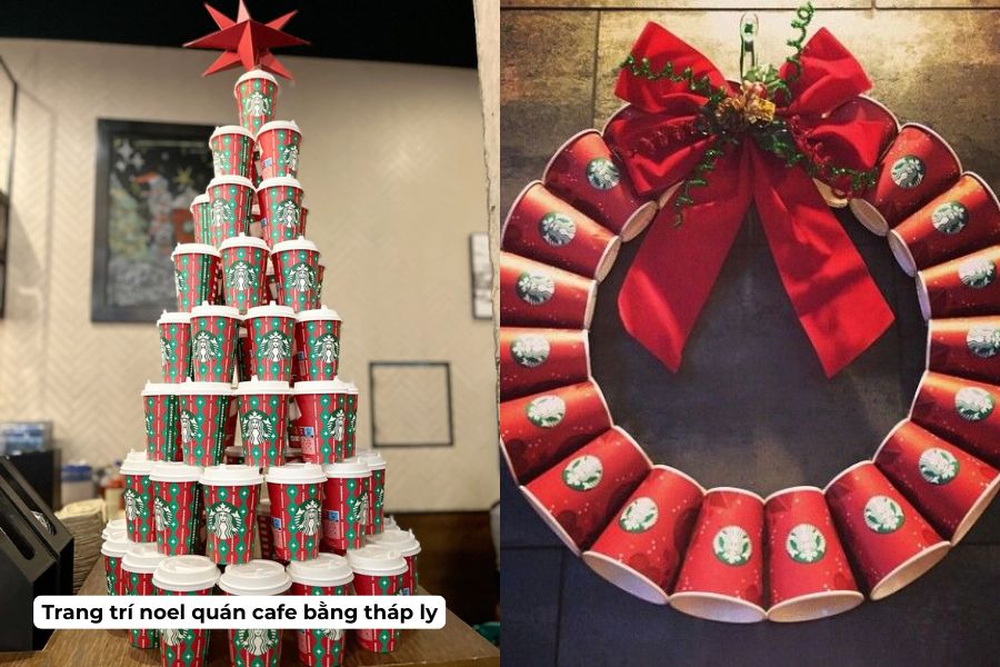 Ý tưởng trang trí Noel cho quán Cafe đẹp, hút khách năm 2026 14 Decor bằng ly cafe tạo hình tháp và hình vòng nguyệt quế