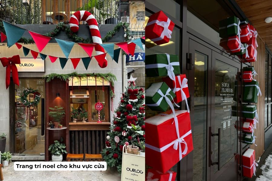 Ý tưởng trang trí Noel cho quán Cafe đẹp, hút khách năm 2026 6 Ý tưởng trang trí noel cho khu vực cửa ra vào quán Cafe
