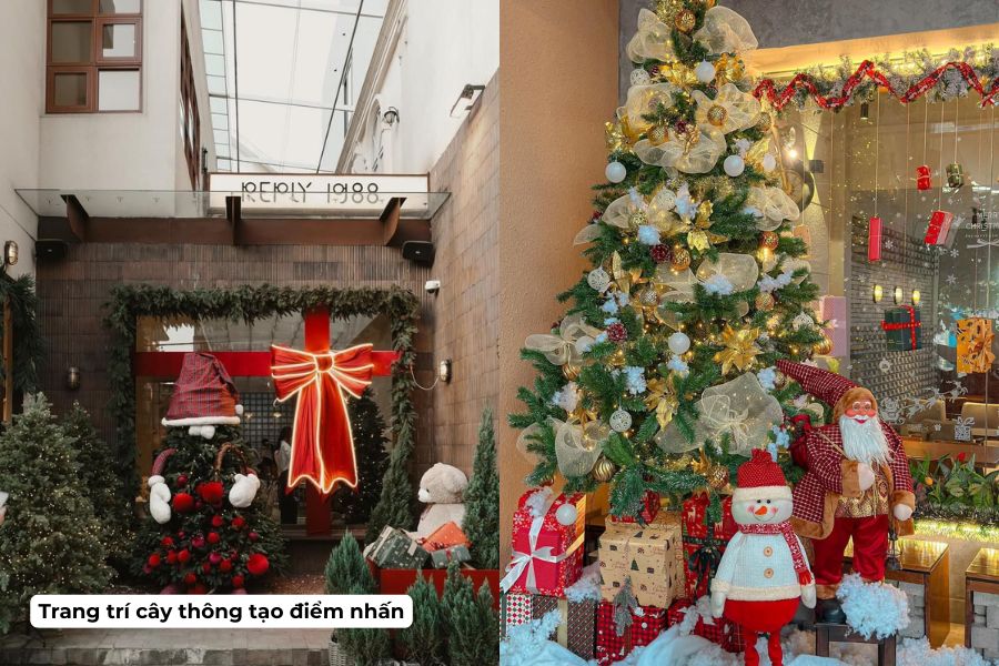 Ý tưởng trang trí Noel cho quán Cafe đẹp, hút khách năm 2026 3 Tạo điểm nhấn bằng cây thông giáng sinh